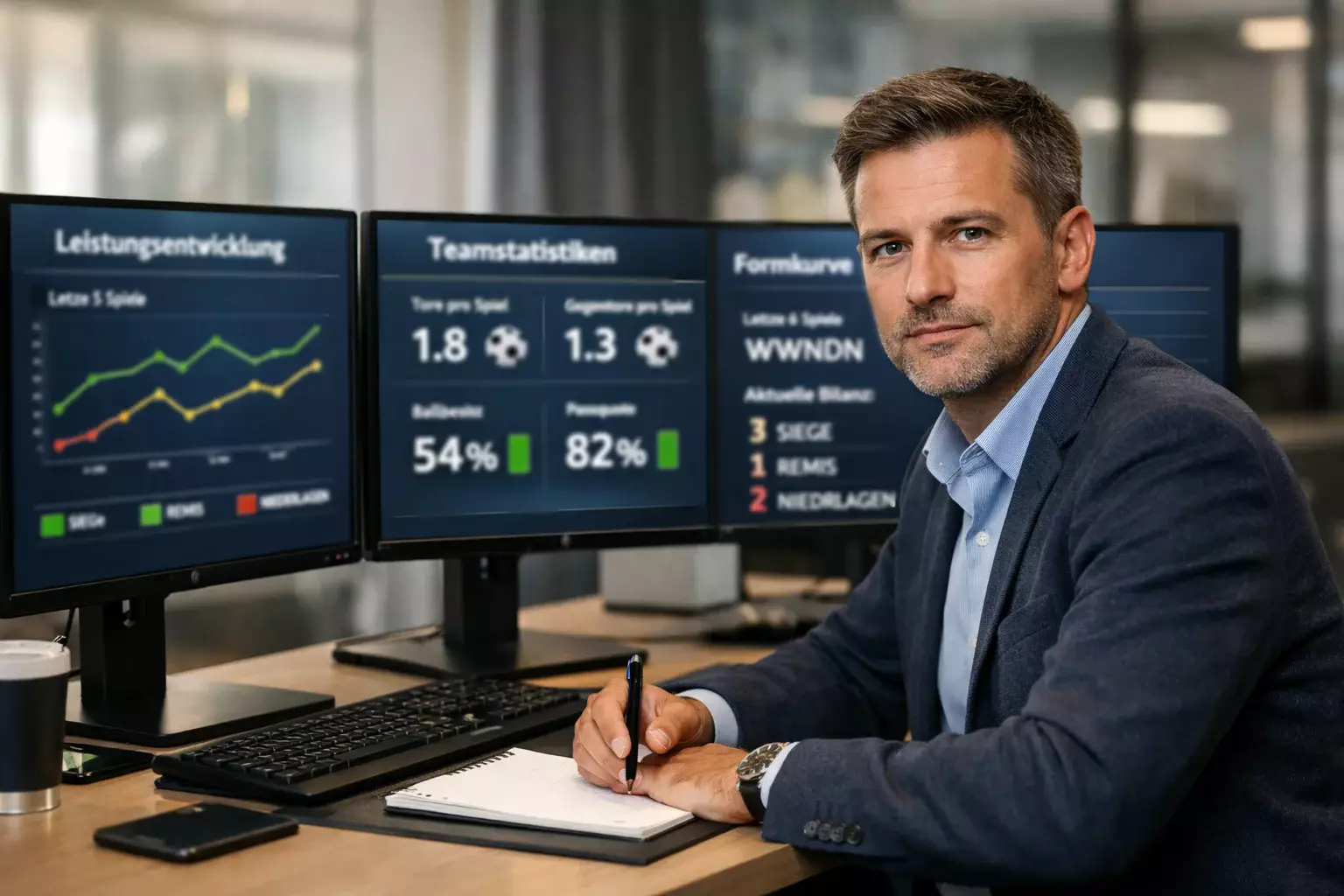 Analyst studiert Fußballstatistiken auf mehreren Bildschirmen