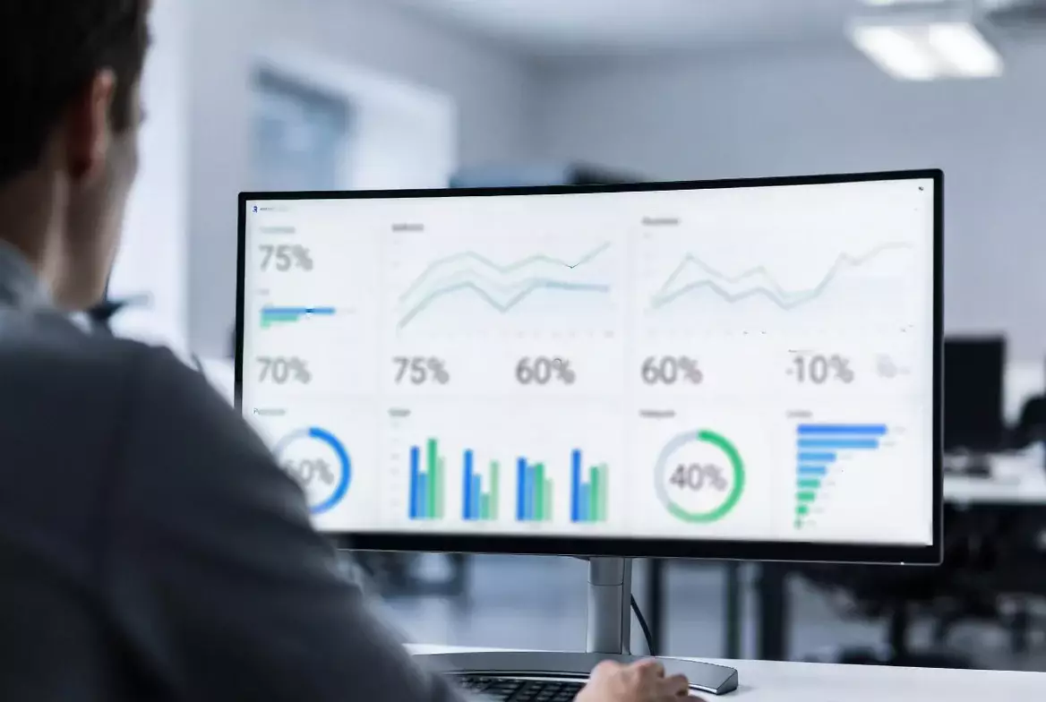 Analyst betrachtet Fußballdaten auf einem großen Bildschirm