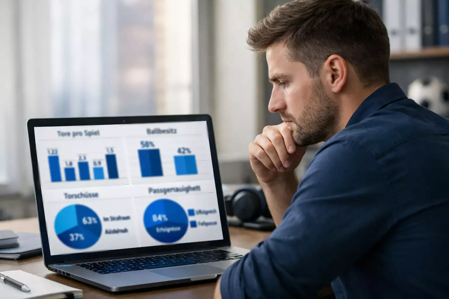 Analyst betrachtet Fussballdaten auf einem Laptop-Bildschirm