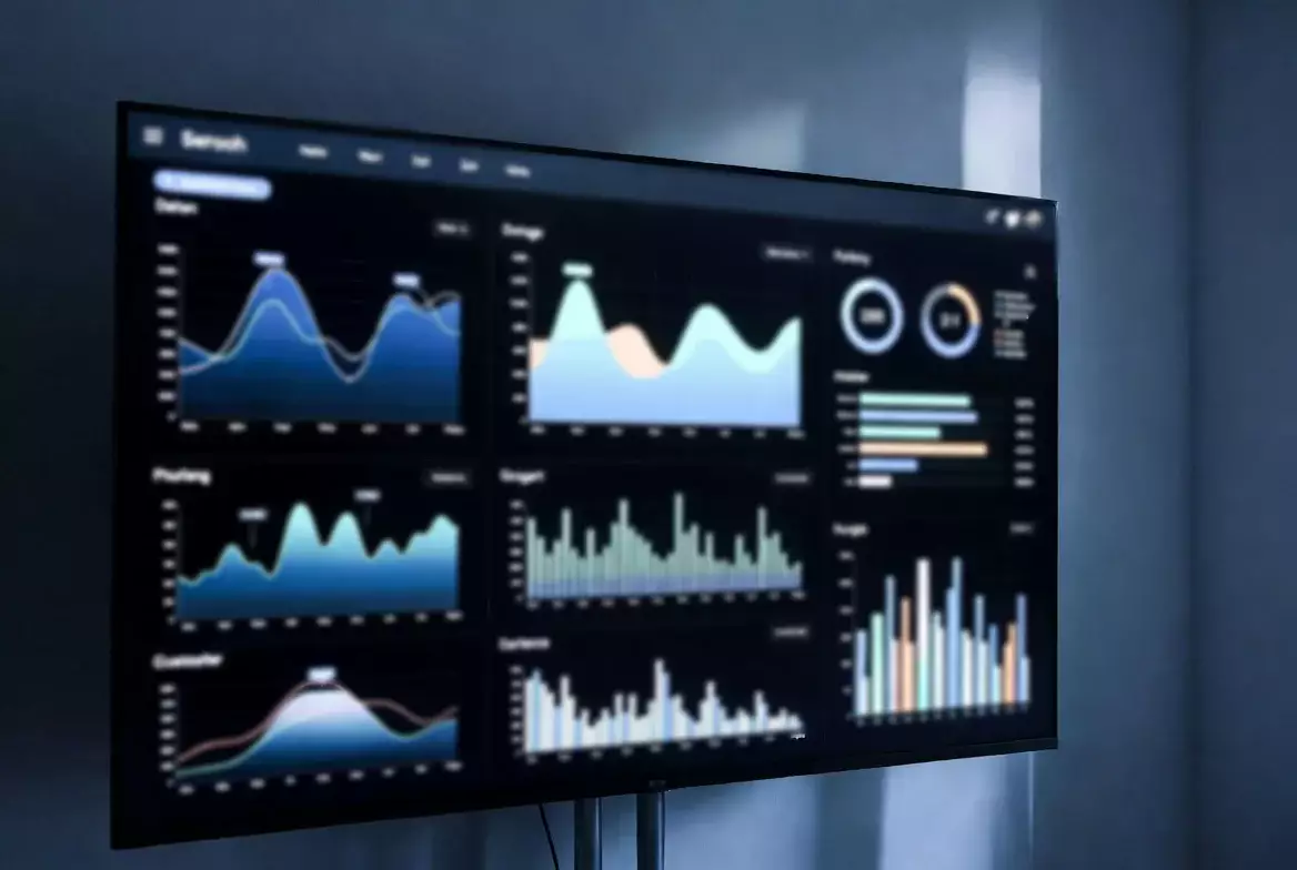 Moderne Datenvisualisierung mit bunten Diagrammen auf dunklem Hintergrund