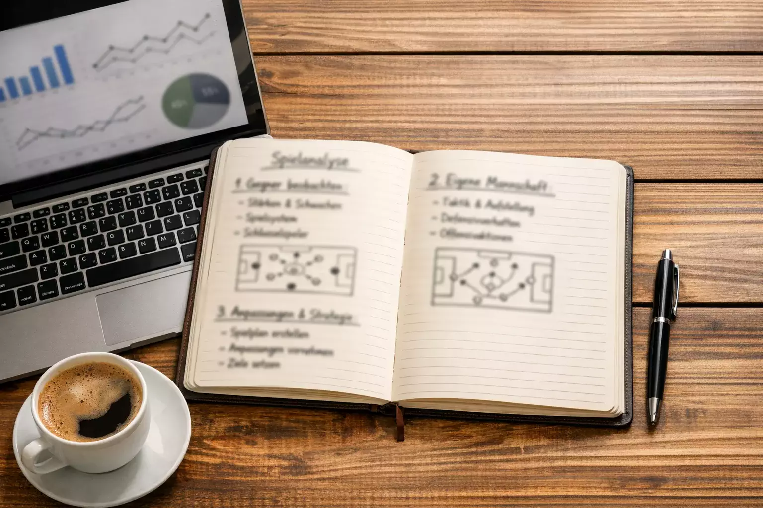 Notizbuch mit handschriftlichen Analysenotizen neben einem Laptop mit Statistiken