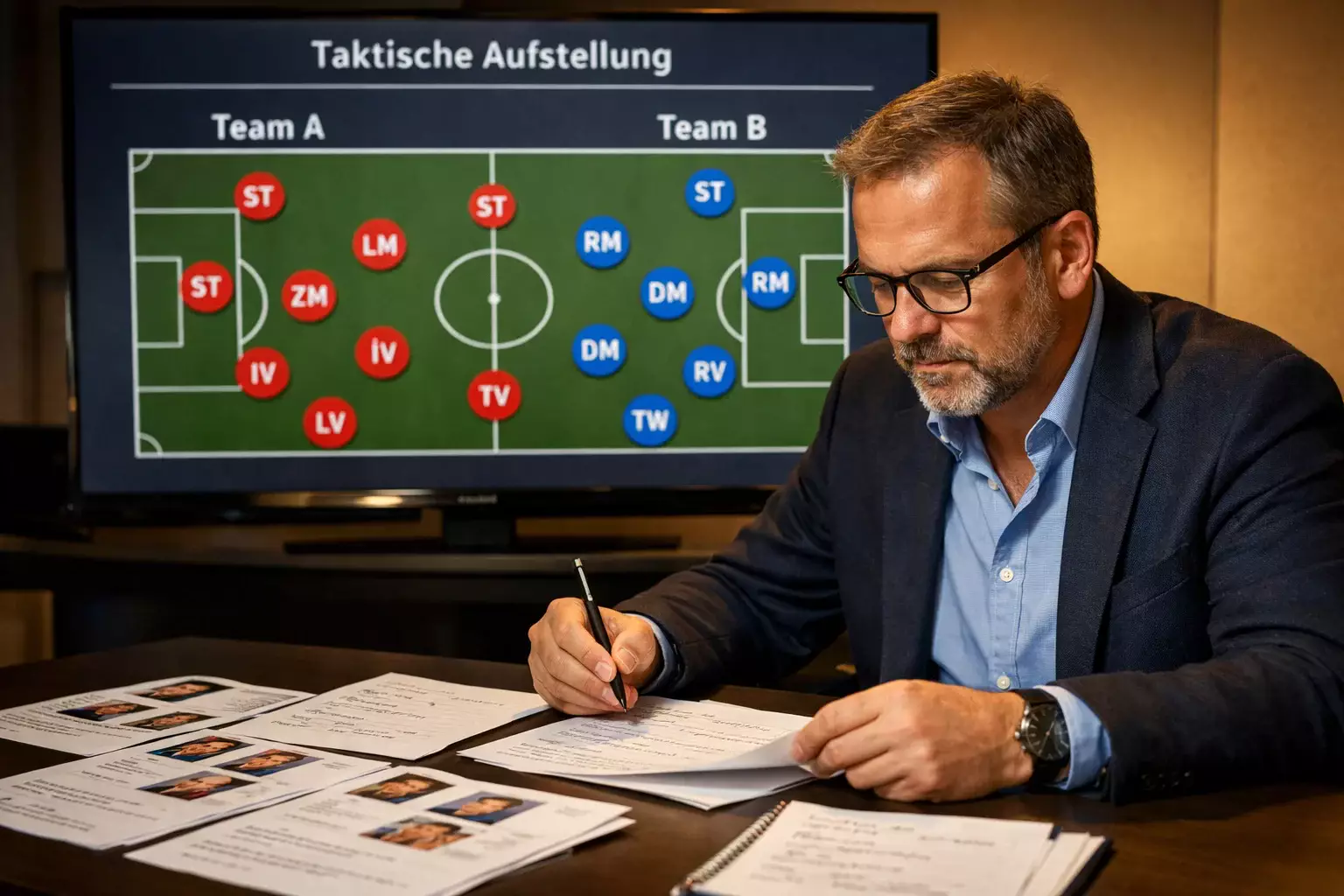 Fußballexperte studiert taktische Aufstellungen und Spielerprofile