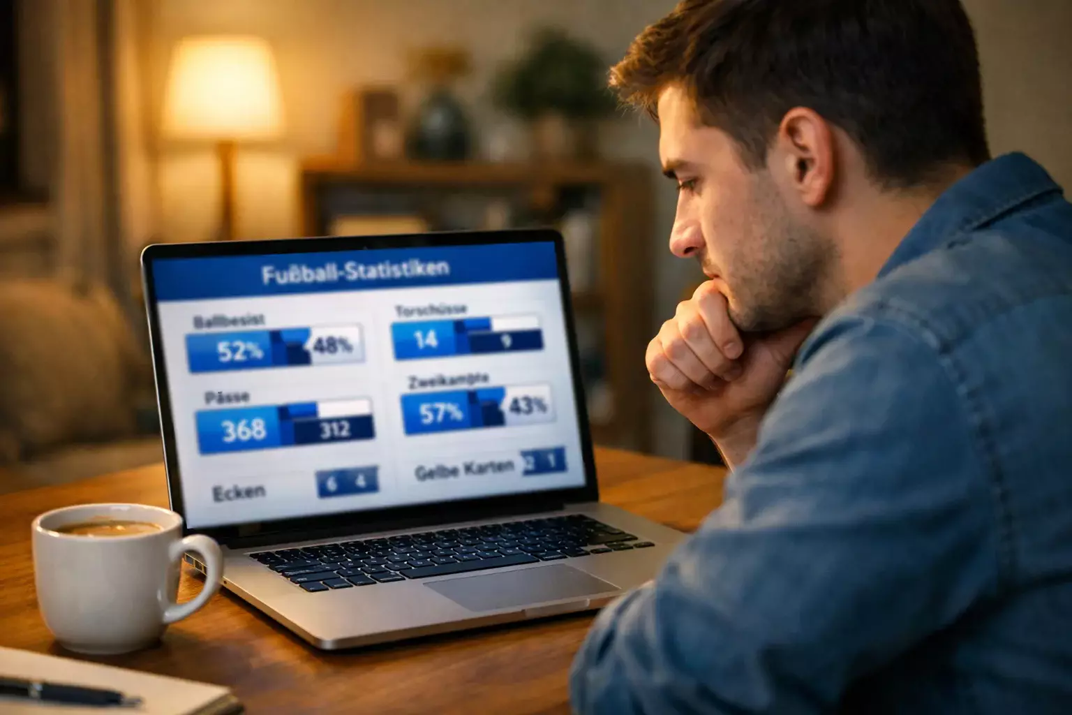 Fan analysiert Fußballstatistiken am Laptop zu Hause