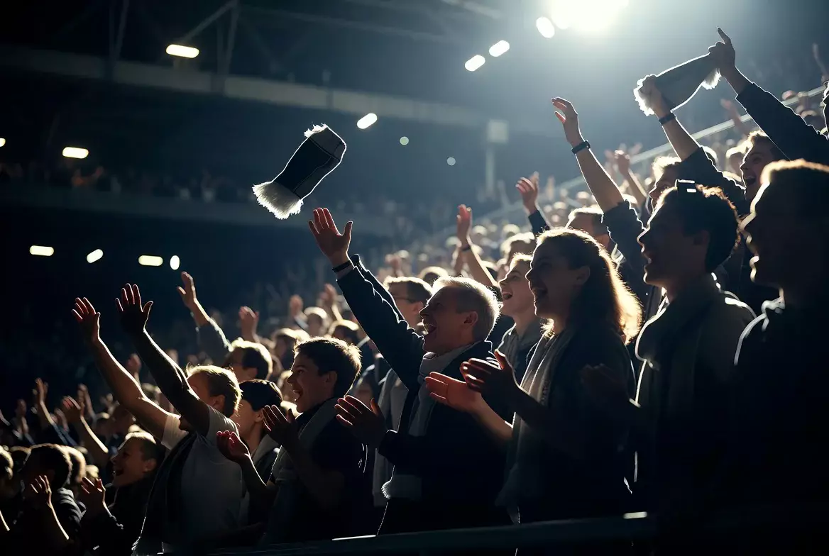Fußballfans jubeln auf der Tribüne mit Schals