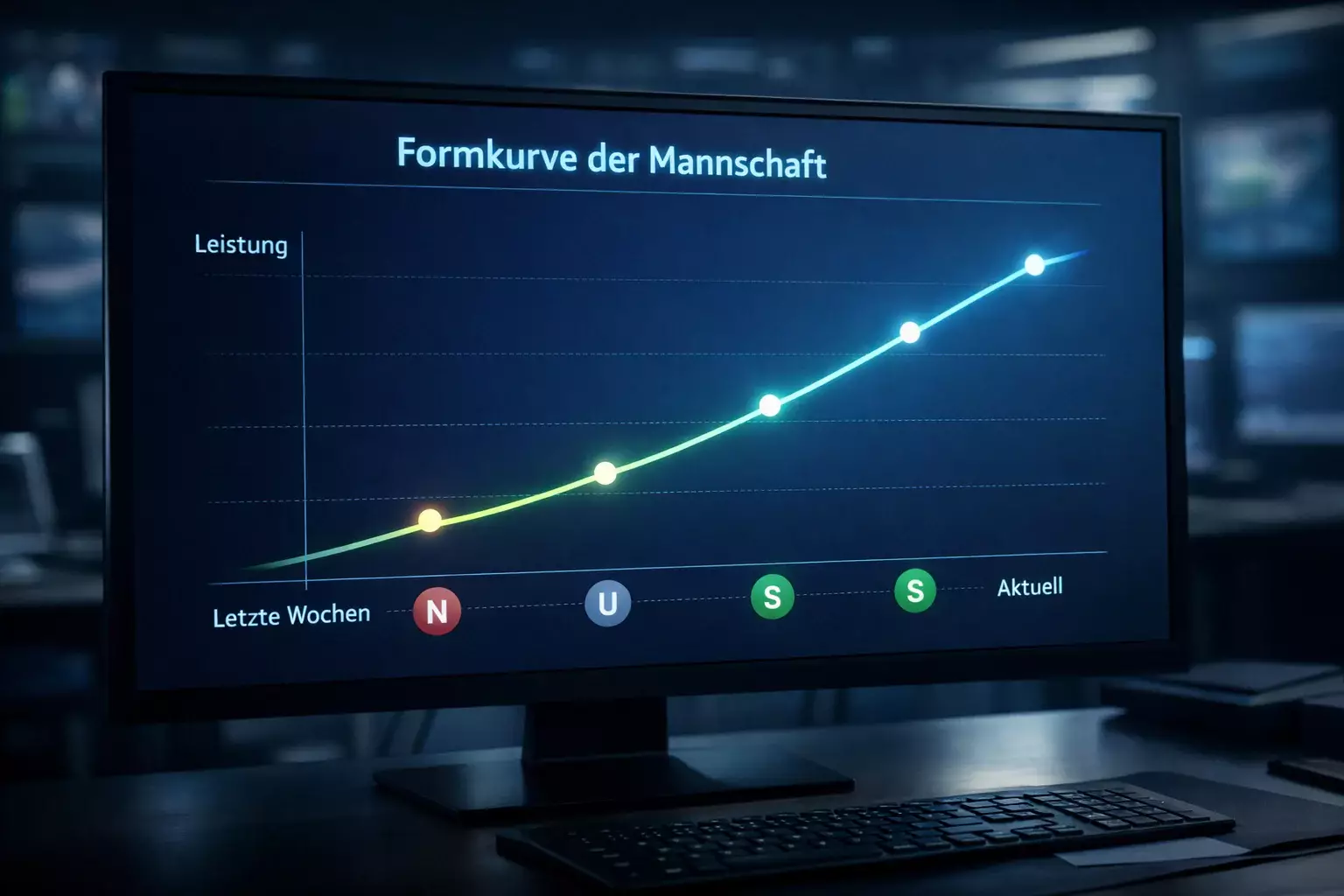 Aufsteigende Formkurve eines Fußballteams als Liniendiagramm auf einem Monitor