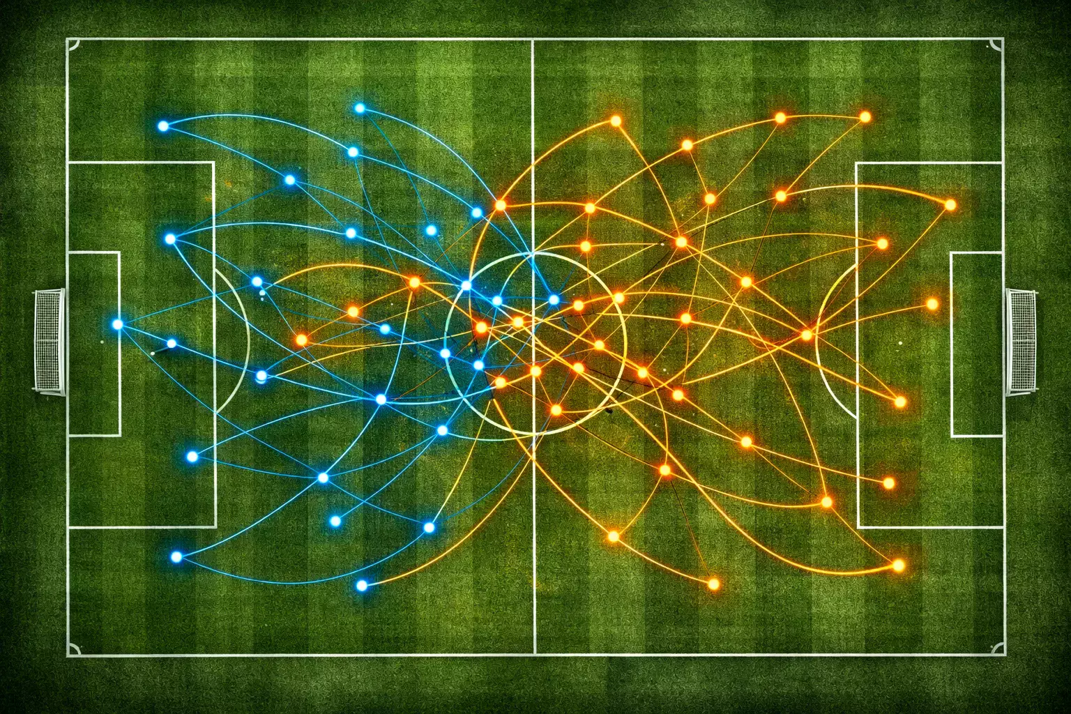 Fußballfeld mit Spieler-Tracking-Daten und Bewegungslinien aus der Vogelperspektive