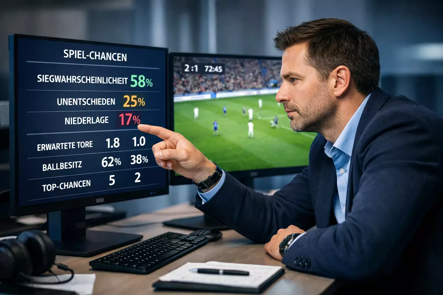 Fußballanalyst arbeitet an Monitoren mit KI-Daten und Spielaufnahmen