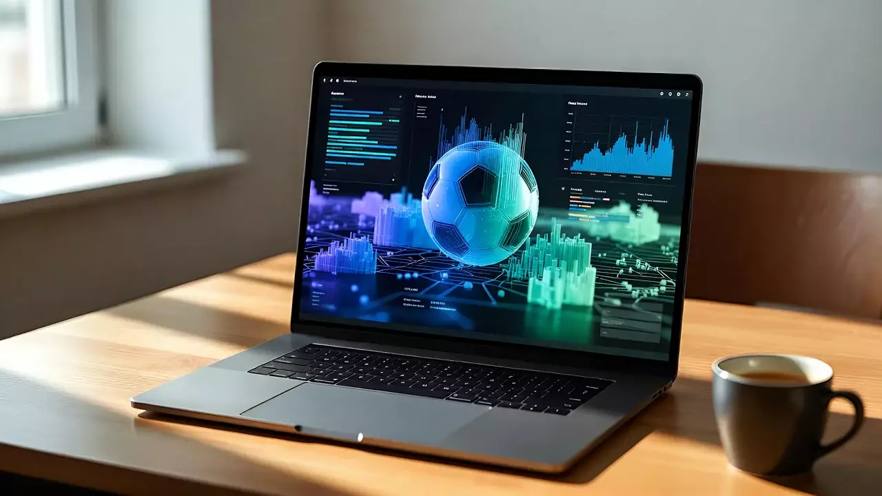 Laptop mit Fußballanalyse-Dashboard auf einem Schreibtisch
