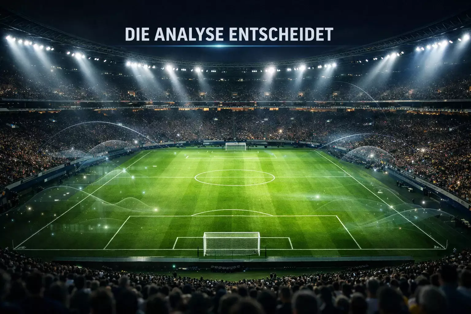 Fußballstadion bei Flutlicht mit überlagerten statistischen Datenvisualisierungen
