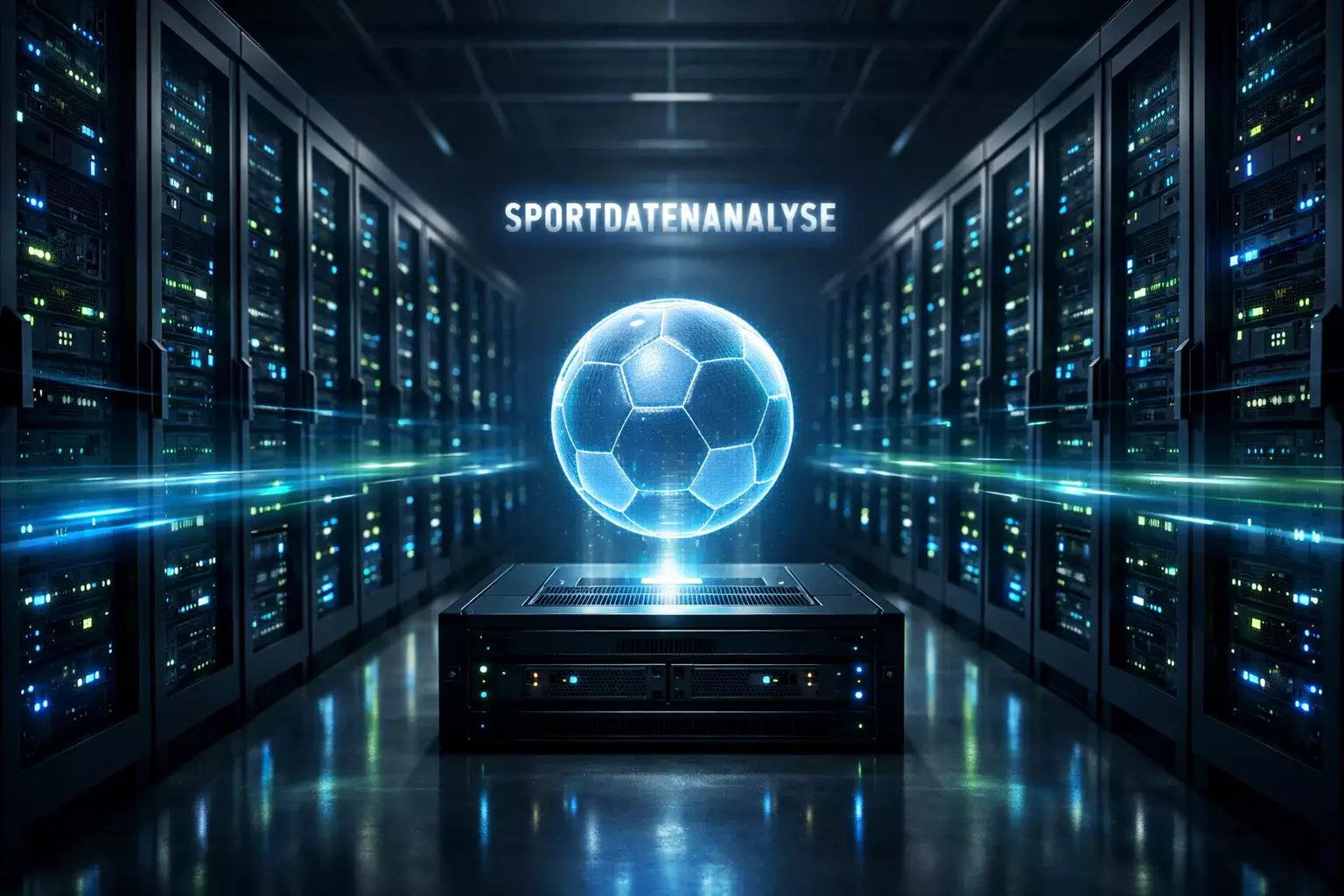 Moderner Serverraum mit leuchtenden Racks und Fußball-Hologramm