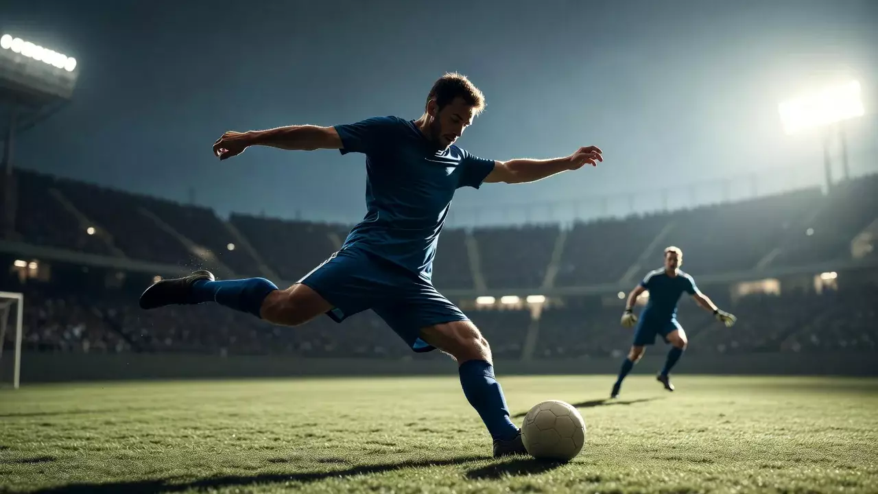 Fußballspieler schießt aufs Tor in einem großen Stadion