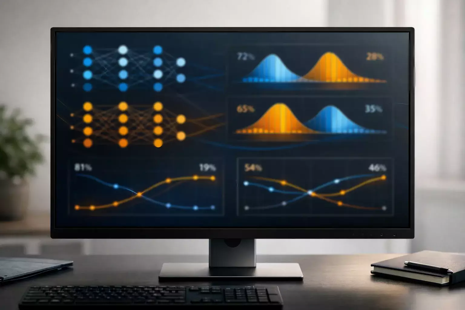 Bildschirm mit Datenvisualisierung und Machine-Learning-Algorithmen für Fußballanalyse