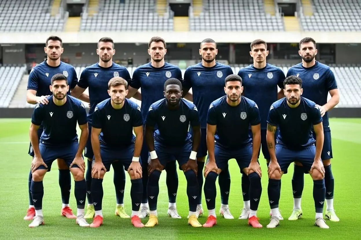 Fußballmannschaft posiert für ein Gruppenfoto vor dem Spiel