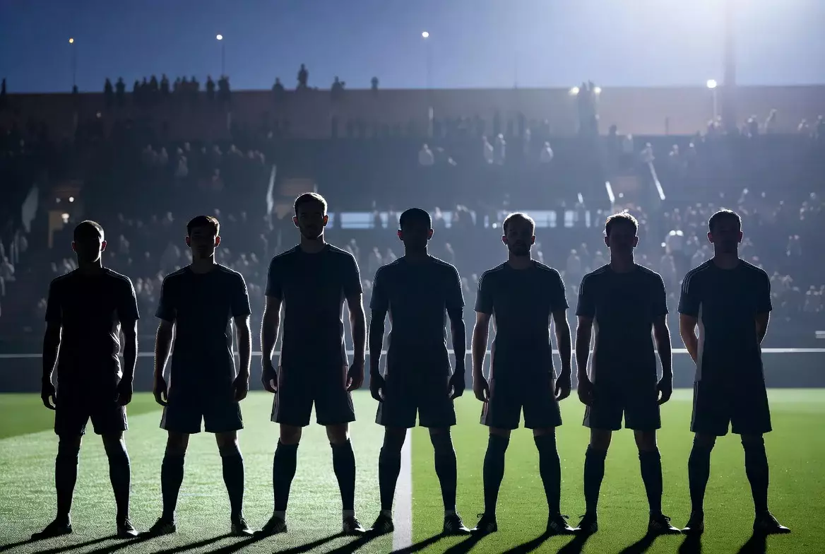 Fußballspieler stehen in Aufstellung auf dem Rasen vor dem Spiel