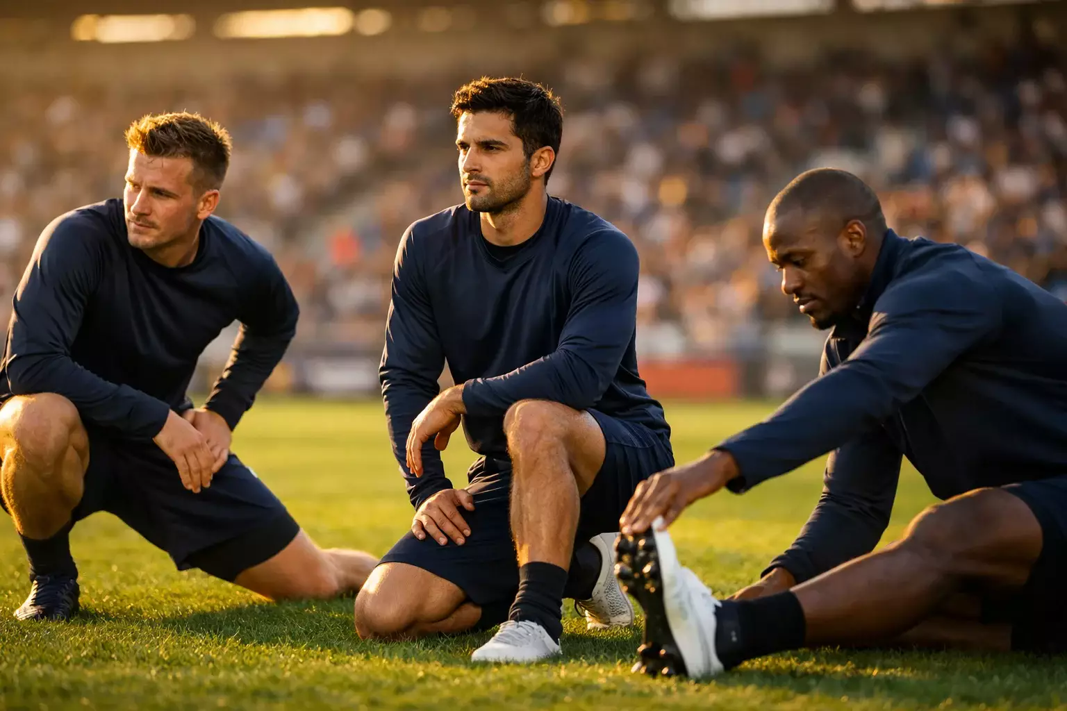 Fussballspieler waermen sich auf dem gruenen Rasen vor dem Spiel auf