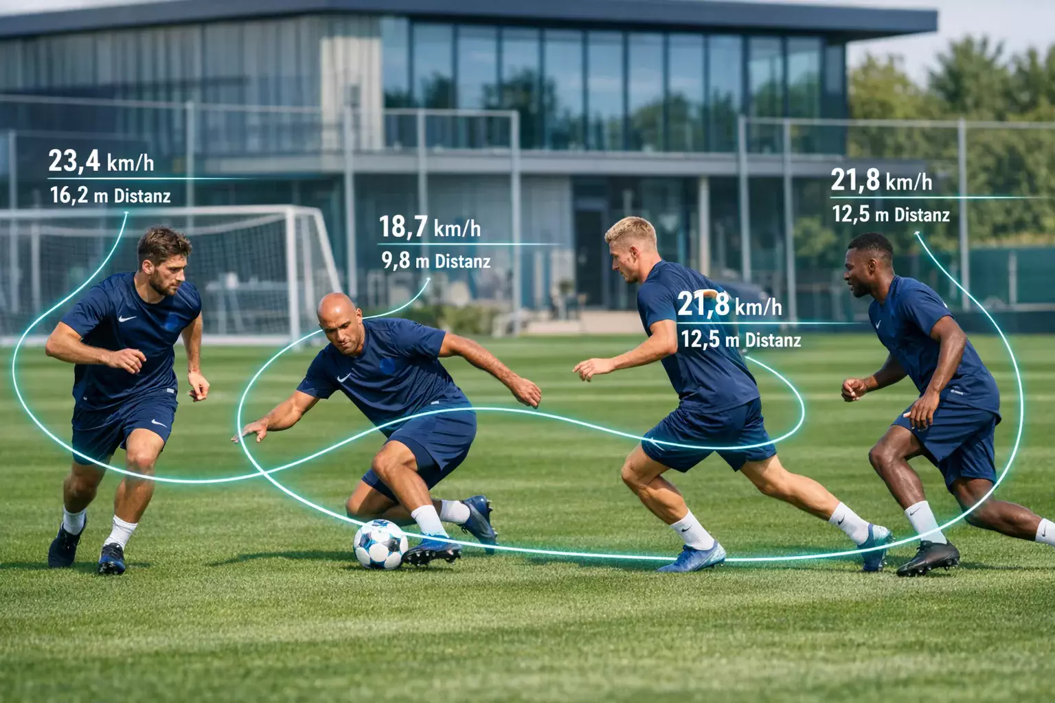 Fußballspieler auf dem Feld mit visualisierten Tracking-Daten und Bewegungslinien