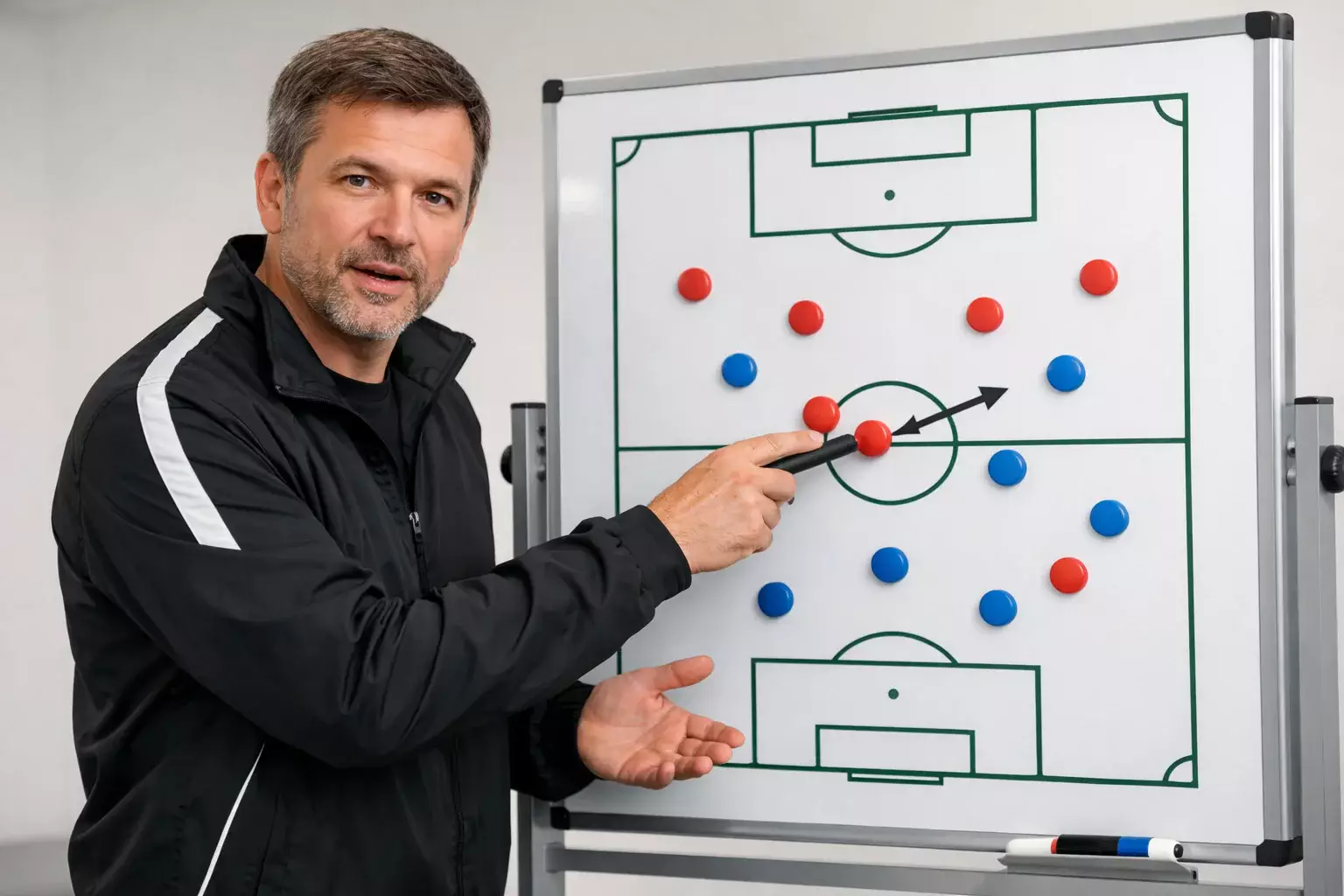 Fussballtrainer erklaert Taktik an einer Tafel mit Spielfeldmarkierungen