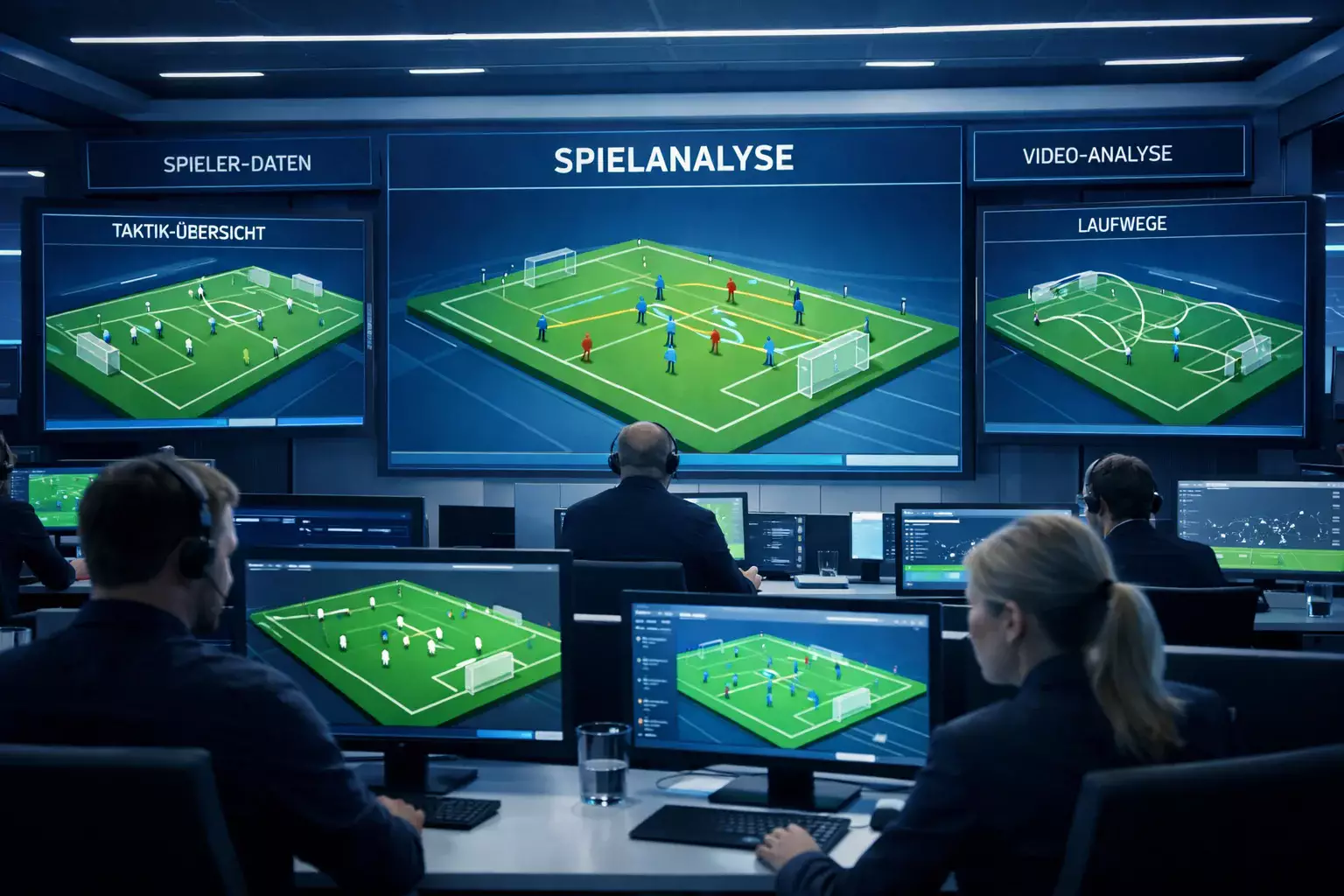 Futuristisches Analysezentrum mit holografischen Fußballfeld-Darstellungen