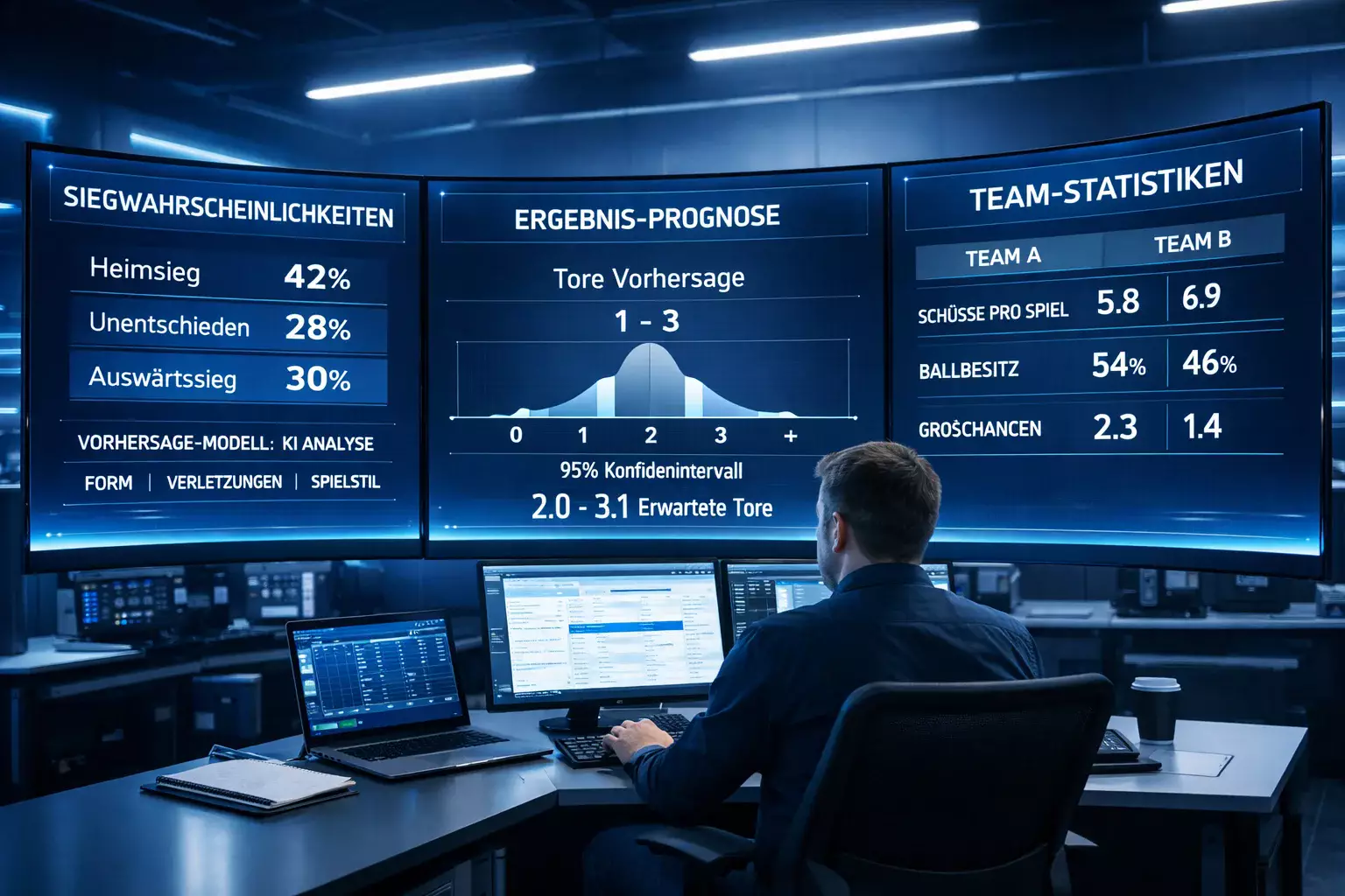 Modernes Analysezentrum mit fortschrittlichen KI-Visualisierungen für Fußballprognosen